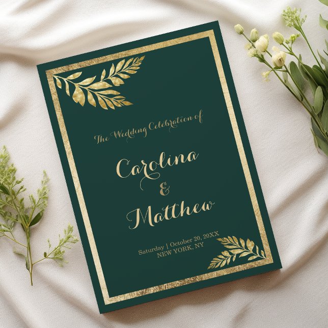 Elegante programa de hoja de oro verde forestal (Elegant forest green golden leaf Wedding Menu)