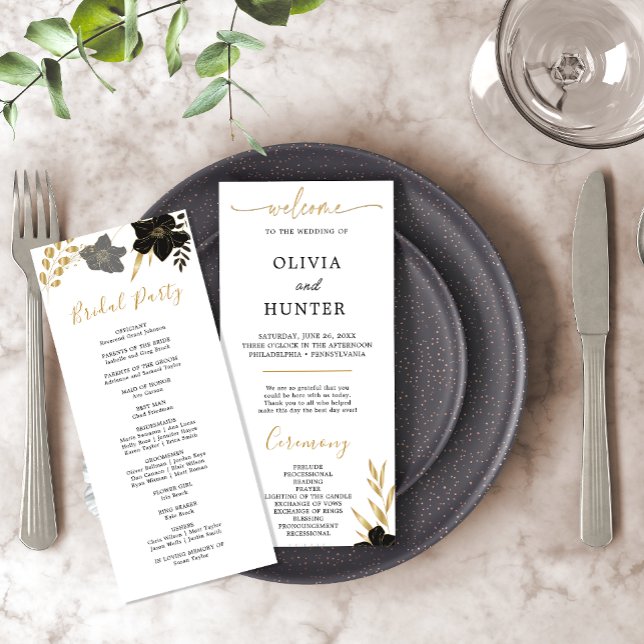 Elegante programa de la fiesta de la boda floral b (Elegant Black & White Floral Wedding Party Program)