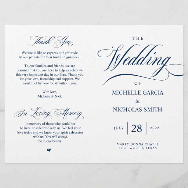 Elegante programa de matrimonio azul de la marina  (Anverso)