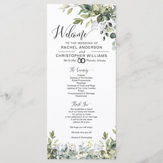 Elegante programa de matrimonio de caligrafía de v (Anverso)