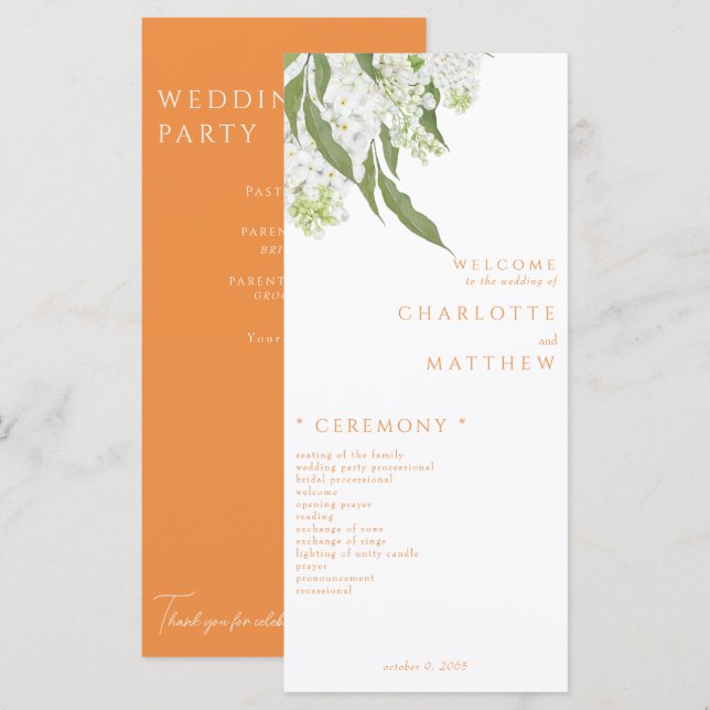 Elegante programa de matrimonio de Naranjas floral (Anverso / Reverso)