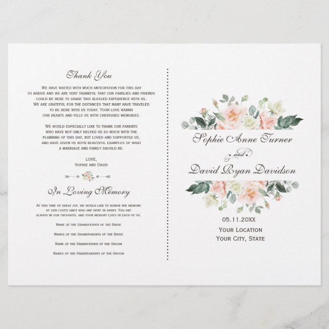 Elegante programa de matrimonio floral con crema b (Anverso)