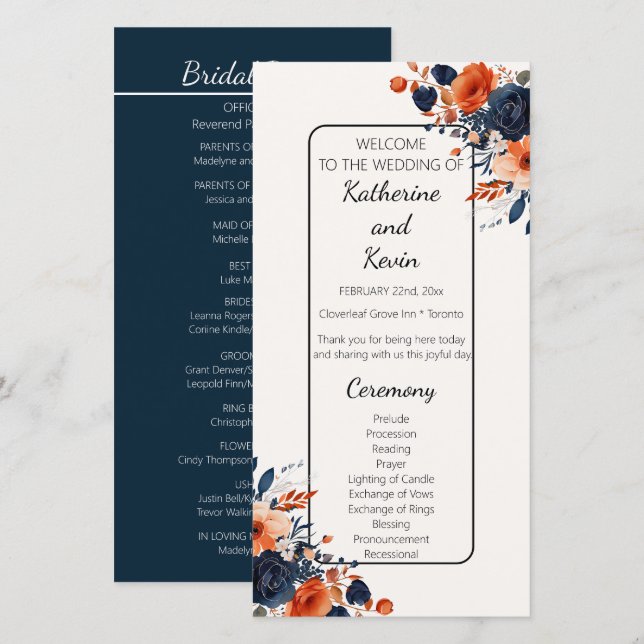 Elegante programa de matrimonio floral Naranja azu (Anverso / Reverso)