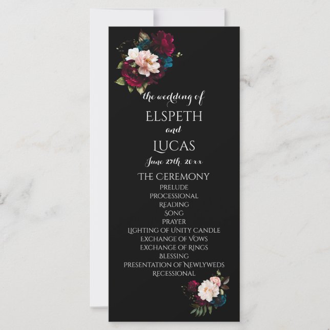Elegante programa de matrimonio floral negro y vib (Anverso)