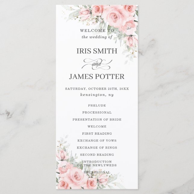 Elegante programa de matrimonio floral Rubor PInk  (Anverso)