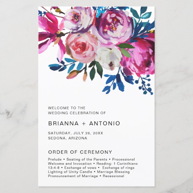 Elegante programa de matrimonio moderno con flores (Anverso)