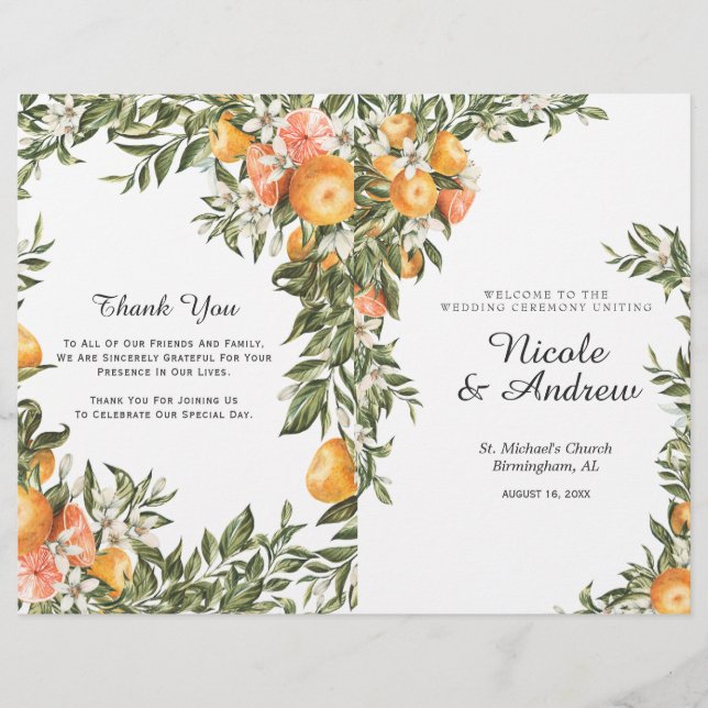 Elegante programa de matrimonio plegado Citrus Orc (Anverso)