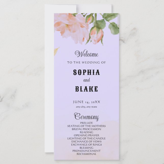 Elegante programa de matrimonio púrpura de rosas r (Anverso)