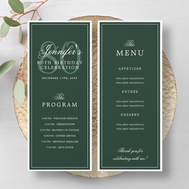 Elegante programa de menú de fiesta de cumpleaños  (Elegant 80th Birthday Party Program Menu Green )
