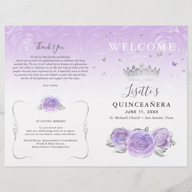 Elegante Programa de Quinceañera de Luz Púrpura Pl (Anverso)
