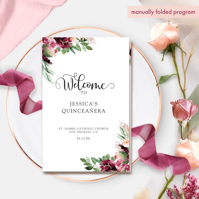 Elegante Programa de Quinceañera de Maroon Floral  (Subido por el creador)