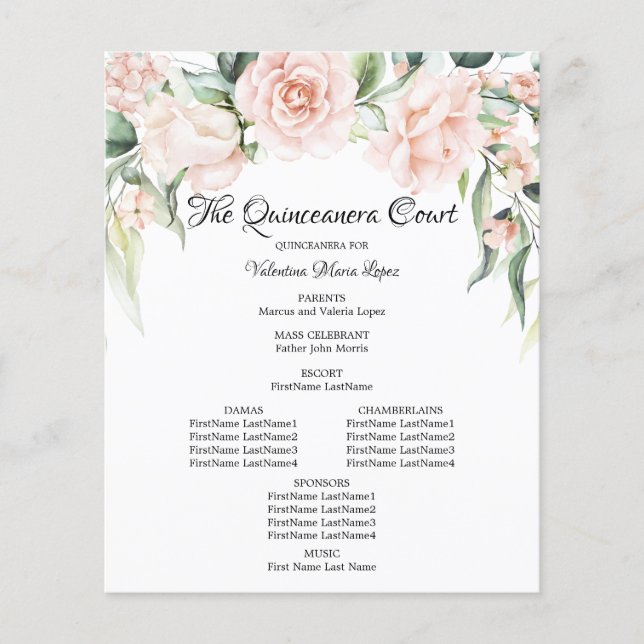 Elegante Programa de Quinceañera Floral Rosa (Anverso)