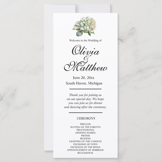Elegante programa floral de acuarela verde blanco (Anverso)