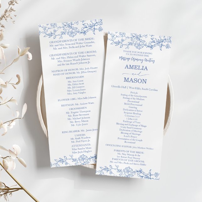 Elegante programa francés de casamiento azul turbi (Vintage Elegant French Blue Toile Inspired Wedding Program)