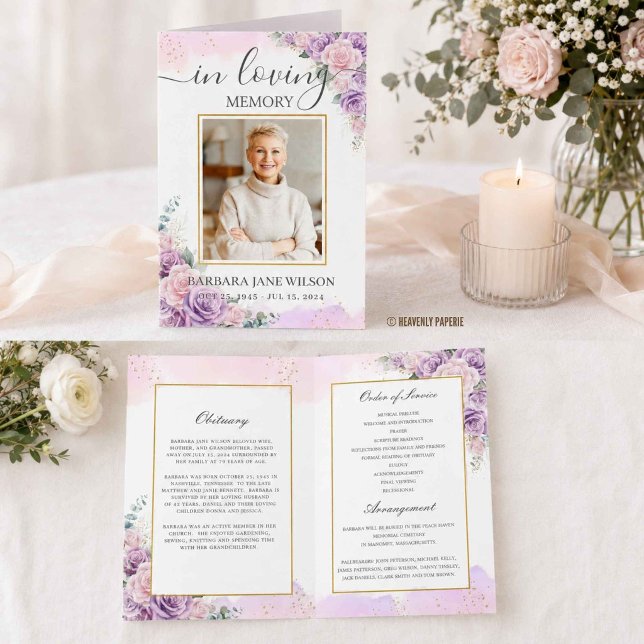 Elegante Programa Funeral Floral Lila Morado (Elegant Purple Lilac Floral Photo Funeral Memorial Bi-fold Program Obituary order of service)