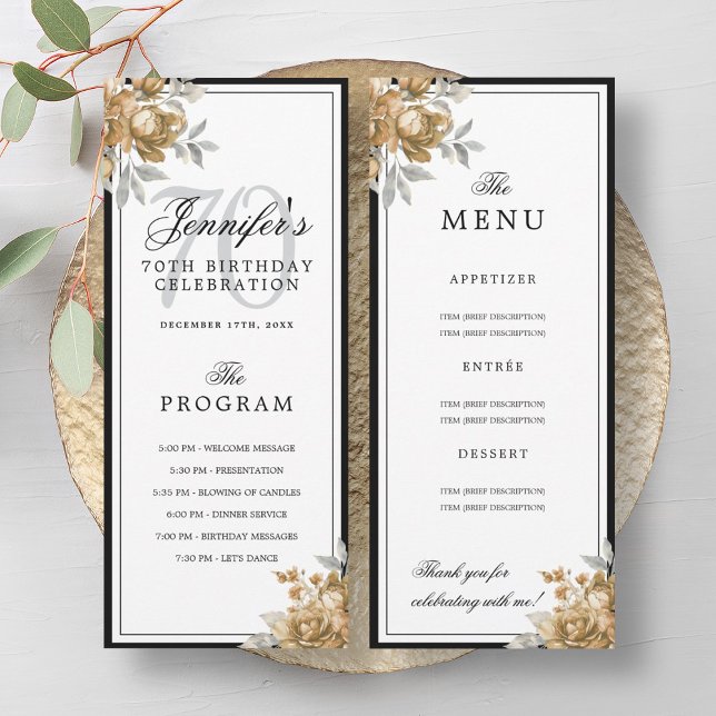 Elegante Programa Menú Cumpleaños 70 Floral de Oro (Elegant Gold Floral 70th Birthday Program Menu )