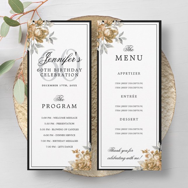 Elegante Programa Menú de Cumpleaños 60 Floral de  (Elegant Gold Floral 60th Birthday Program Menu )