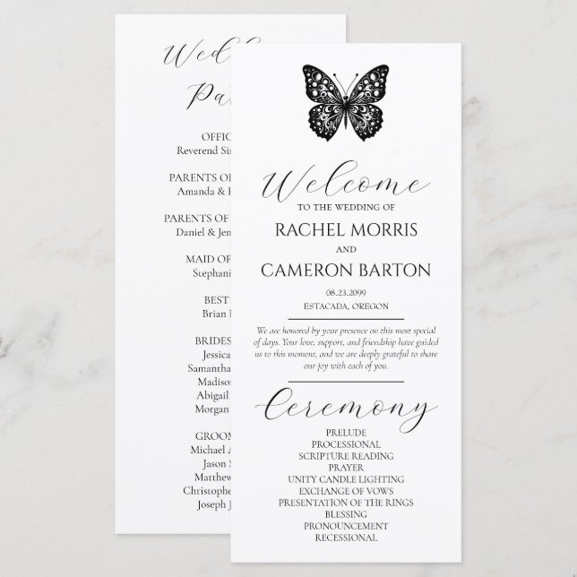 Elegante Programa Negro y Blanco con Mariposa (Anverso / Reverso)