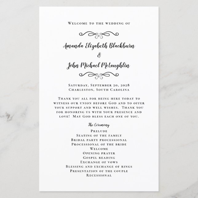 Elegante Programa para Invitados de Boda en Blanco (Anverso)