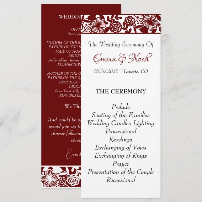 Elegante programa plano maroon-borgoña Boda (Anverso / Reverso)