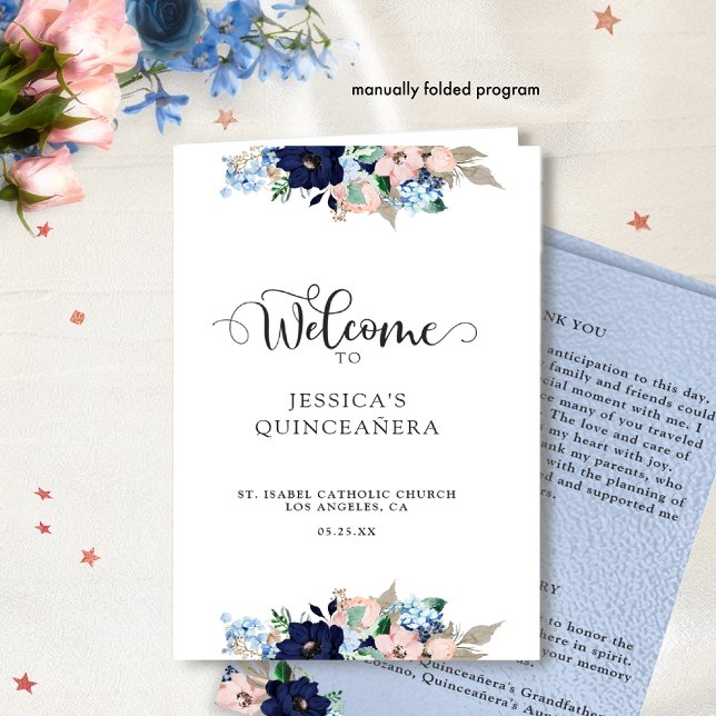 Elegante programa Quinceanera floral azul y rosa (Subido por el creador)