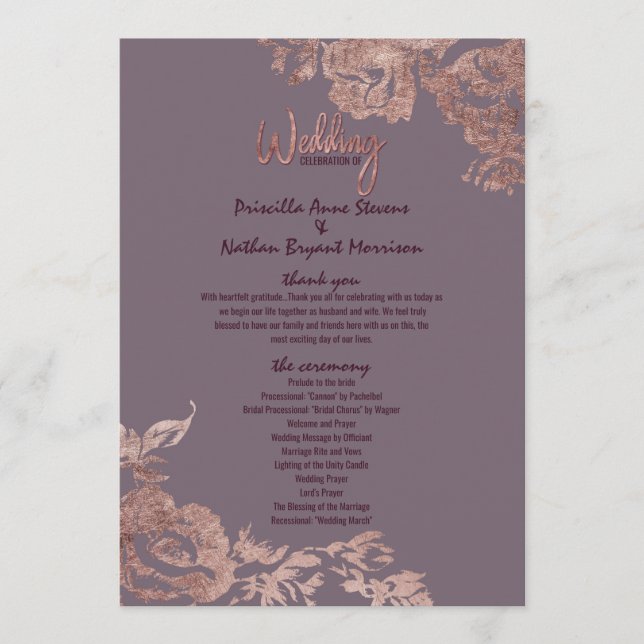 Elegante programa Rosa Gold Floral Purple Wedding (Anverso)