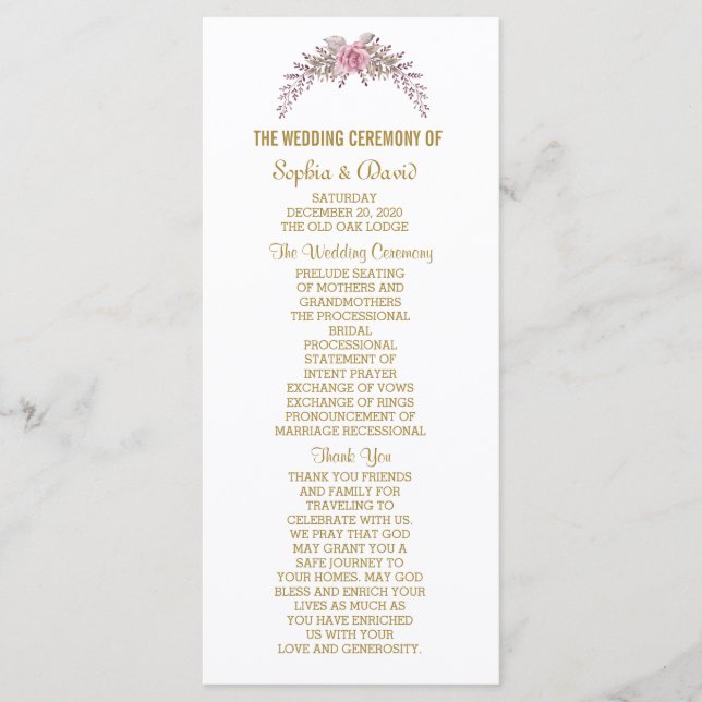 Elegante programa Rubor Floral Gold Frame Wedding (Anverso)