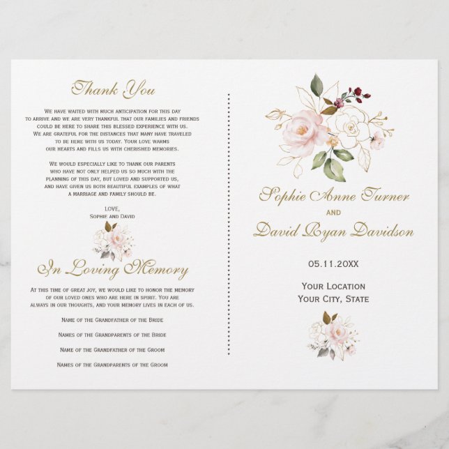 Elegante programa Rubor Gold Flowers Wedding (Anverso)