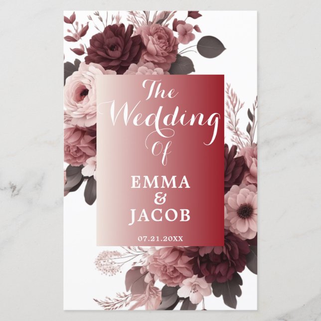 Elegante programa Rubor Pink Burgundy Floral Weddi (Anverso)
