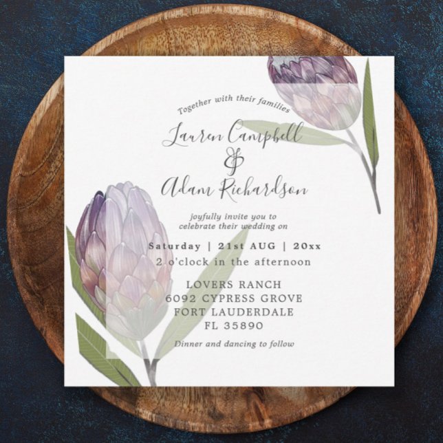 Elegante Protea Floral Invitación a la Boda Púrpur (Subido por el creador)