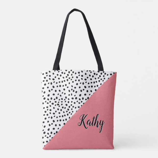 Elegante Punto Polka Rosa y Negro con Bolsa de Tot (Reverso)