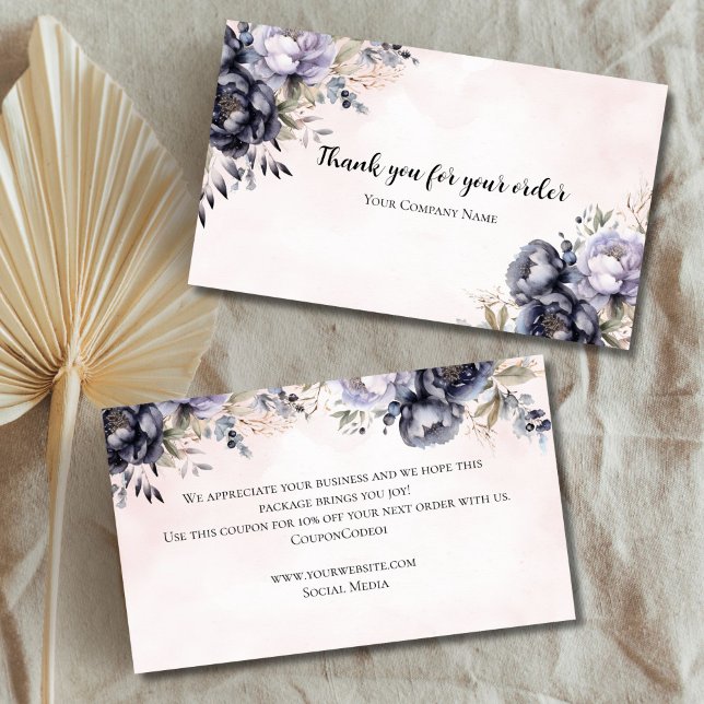 Elegante Purple Floral Business Tarjeta de Nota (Purple Floral Watercolor Small Business Thank you card with coupon code)