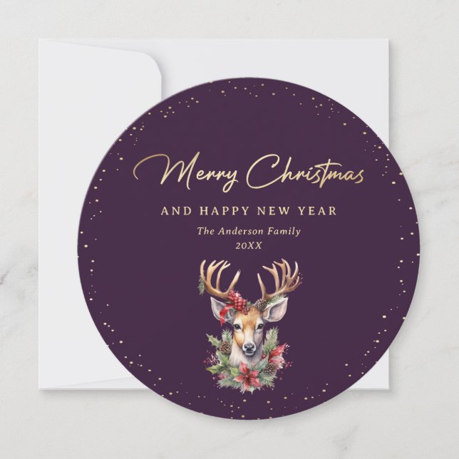 Elegante Purple y Gold Deer Feliz Navidad (Anverso)
