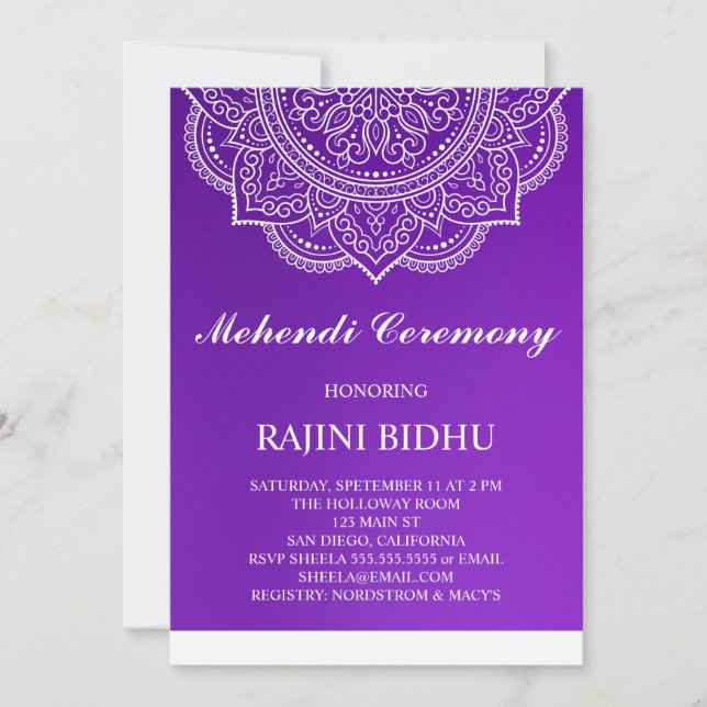 Elegante púrpura paisley indio Ceremonia Mehndi (Anverso)