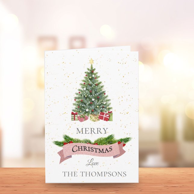 Elegante Purpurina blanco de imitación rosa Feliz  (Elegant White Faux Pink Glitter Merry Christmas Note Card)