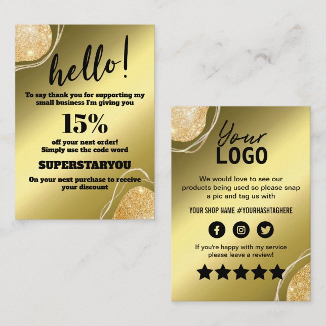 Elegante Purpurina de oro Gracias Insertar Tarjeta (Anverso / Reverso)