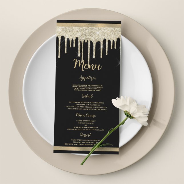 Elegante purpurina de oro negro gotea Boda Menú (Elegant black gold glitter drips Wedding Menu)