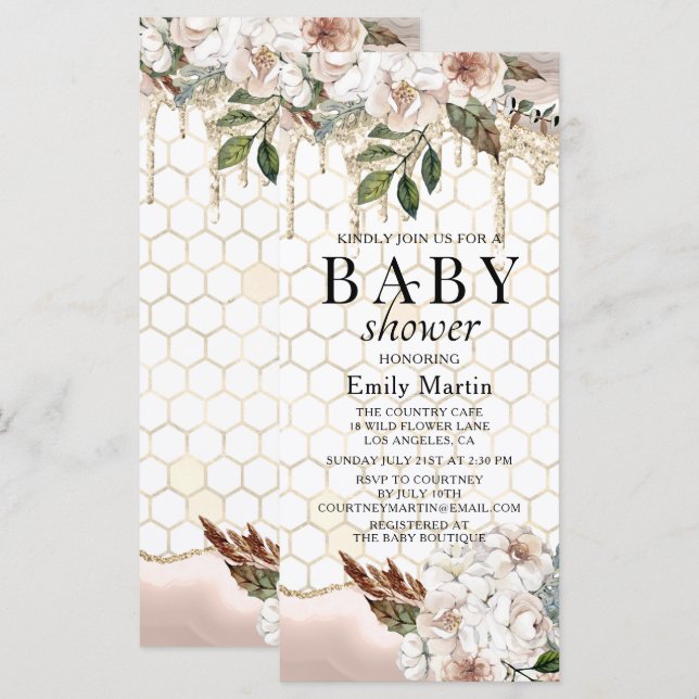 Elegante Purpurina floral Drip Marble Baby Shower (Anverso / Reverso)