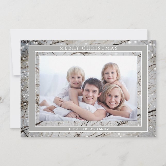 Elegante Purpurina Gray Marble Foto Feliz Navidad (Anverso)