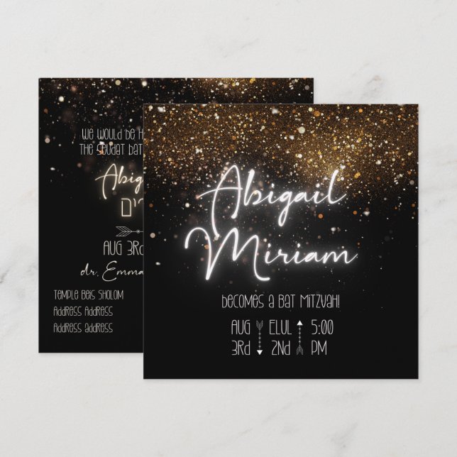 Elegante Purpurina Hebreo Bat Mitzvah Invitación (Anverso / Reverso)
