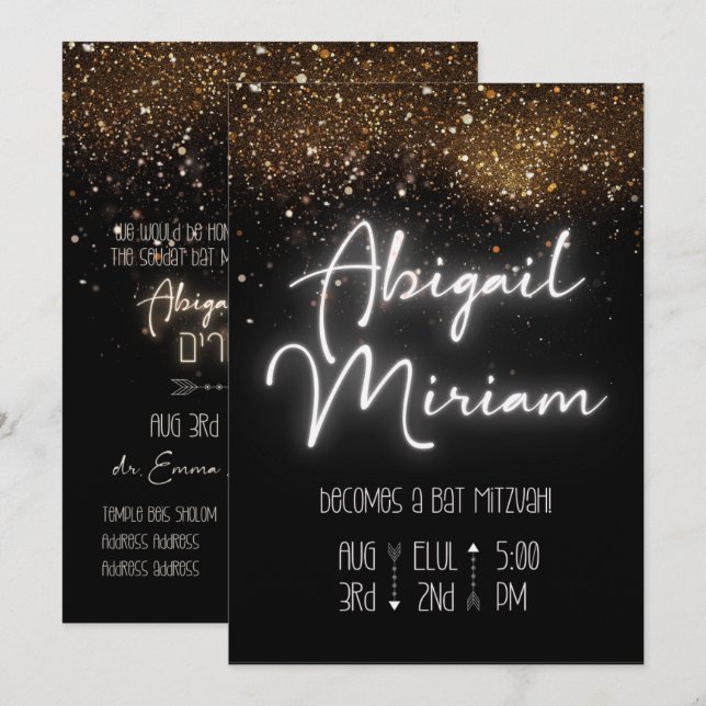 Elegante Purpurina Hebreo Bat Mitzvah Invitación (Anverso / Reverso)