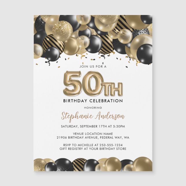 Elegante Purpurina negro de oro 50 cumpleaños (Anverso)