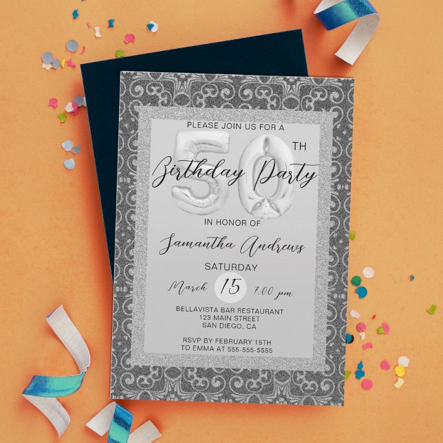 Elegante Purpurina Plata Invitación a los 50 Años (Subido por el creador)