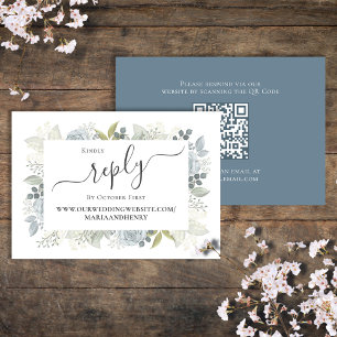 Elegante QR Code Floral RSVP Online Dusty Azul