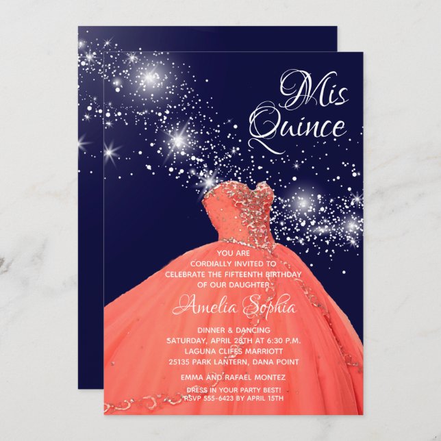Elegante Quinceañera Coral Gown Stars Invitaciones (Anverso / Reverso)
