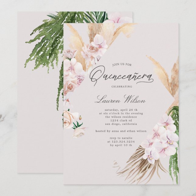 elegante quinceanera floral tropical Invitación (Anverso / Reverso)