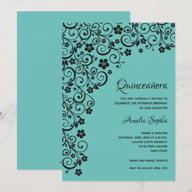 Elegante Quinceañera Invitación Negra y Turquesa (Anverso / Reverso)
