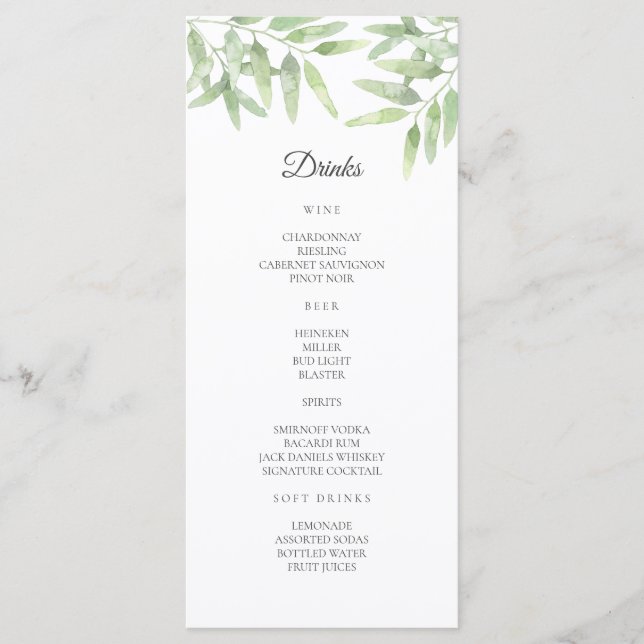 Elegante rama de olivo. Menú de barra de boda simp (Anverso)