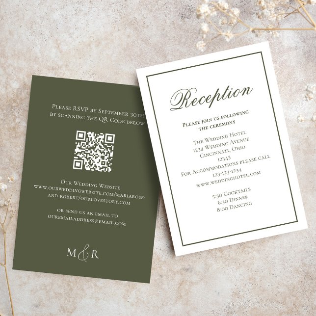 Elegante recepción caligráfica verde RSVP (Elegant  Green Olive themed wedding reception card. )