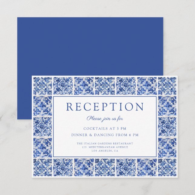 Elegante recepción de boda de azulejos azules (Anverso / Reverso)